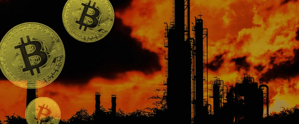 Bitcoin coins superimposed over industrial smokestacks against a smoke-filled orange sky