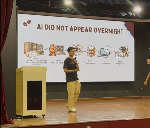 Arav on stage at Coffee with CodeCell 2026, presenting a slide titled "AI did not appear overnight" with a timeline of AI milestones